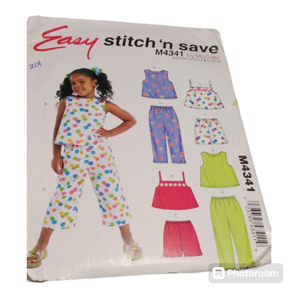 McCalls Easy Stitch 'n save girls top and pant pattern, A(3-4-5-6)